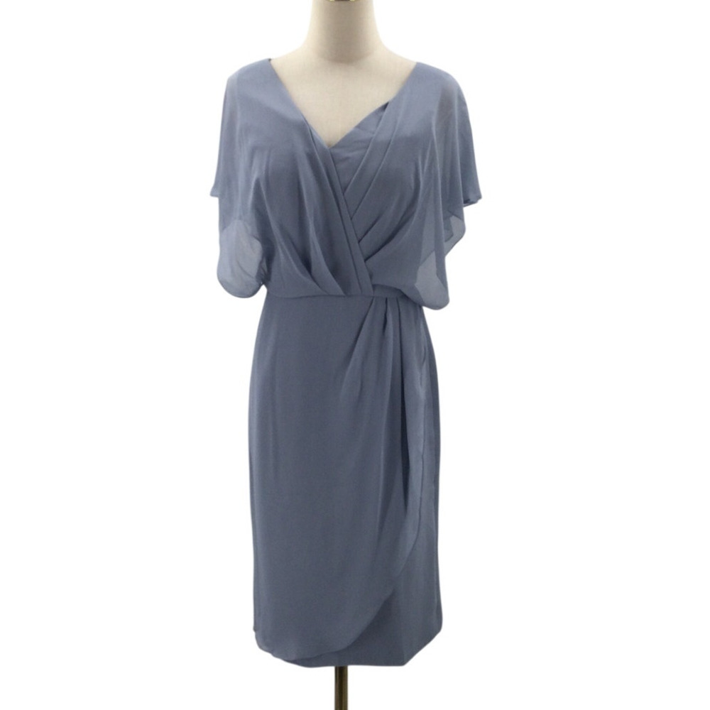 AW BRIDAL 4 S blue mother of bride formal faux wrap knee length dress NEW B29